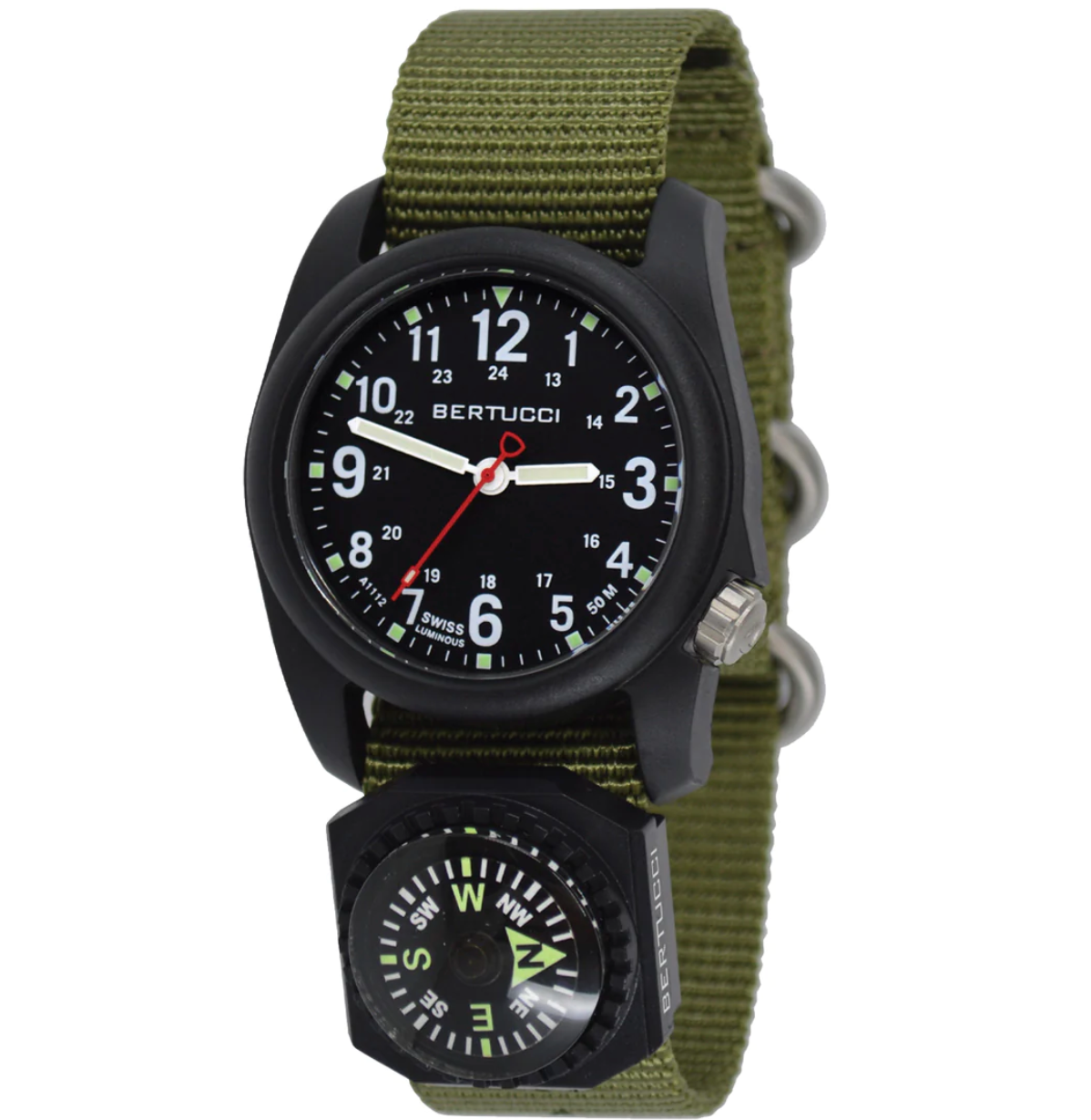 Bertucci DX3 Black Dial / black case -,(#97 Forest band + Compass)