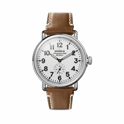 Shinola Engravable Runwell 41mm Watch | White Dial 41 1st Polished Stainless Steel | Tan Strap