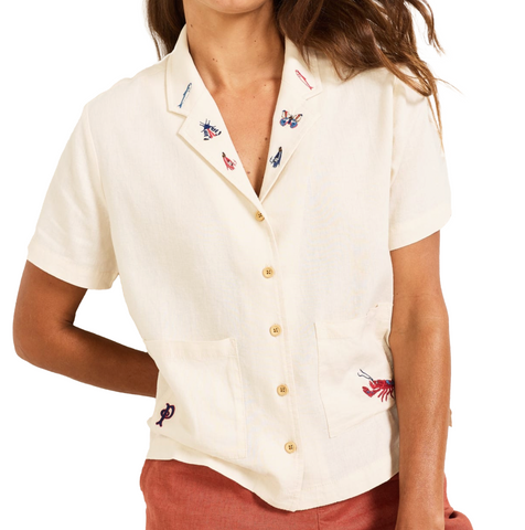 Pendleton WOMEN'S SHORT-SLEEVE EMBROIDERED LINEN CAMP SHIRT