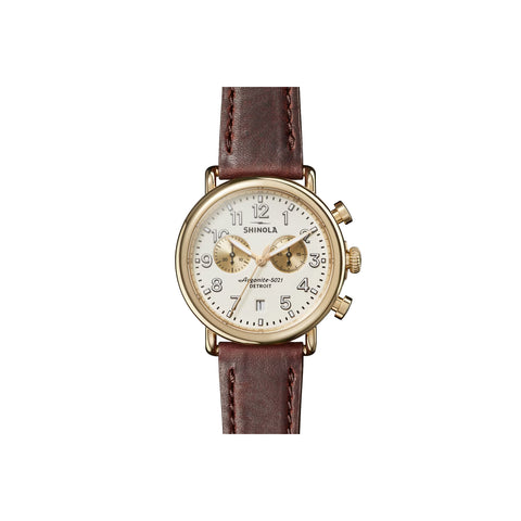 Shinola Runwell | 2 Eye Chrono 41mm | Cattail Leather Strap | Ivory Matte Dial | Polished PVDC Gold