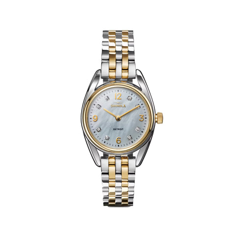 Shinola Diamond Dial Derby 30 MM | Mother of Pearl Face | Stainless Steel 30 MM Case | Silver & Gold Bracelet