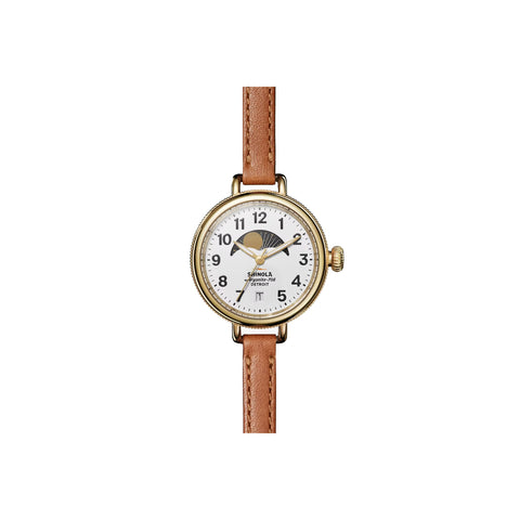 Shinola Birdy Moon Phase | 34mm | Polished PVD Gold Plating | White Matte Velvet Dial | 8mm Bourbon Leather Strap