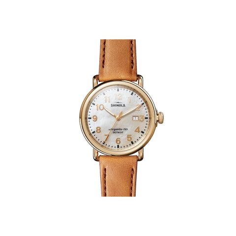 Shinola Runwell 3HD 41 MM | Mother of Pearl Case | Bourbon Leather Strap | Polished PVD Gold Case